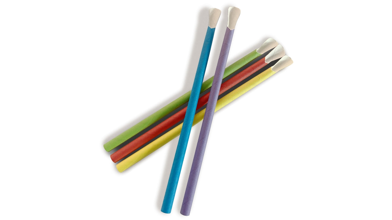 Sugerør m/ske af papir i 5 farver