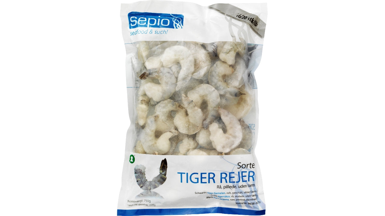 Sorte tigerrejer 16/20 25% 1000g/750g