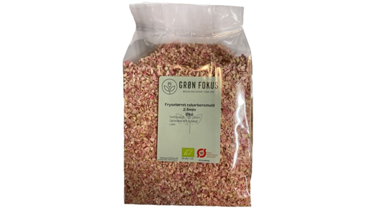 Øko Frysetørret rabarbersmuld 2-5mm 100g